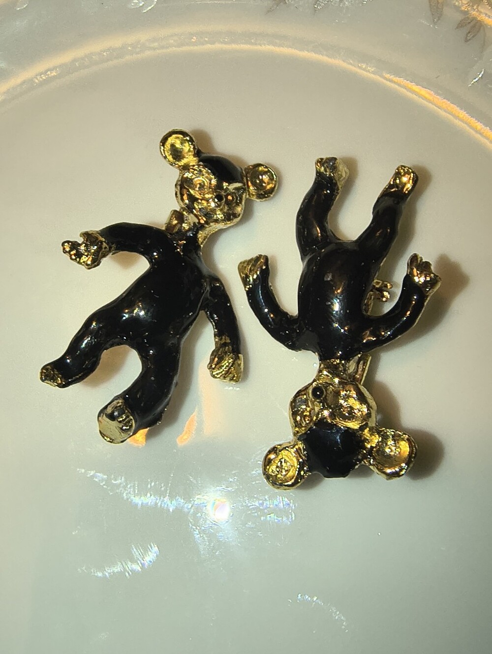Vtg 80s Set 2 Mouse Mice Burglars Enamel Brooch Black & Gold tone Metal Figural
